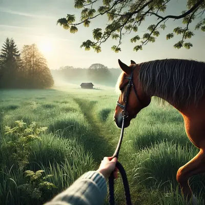 Guiding a horse through a misty green field at sunrise, representing guidance and support.