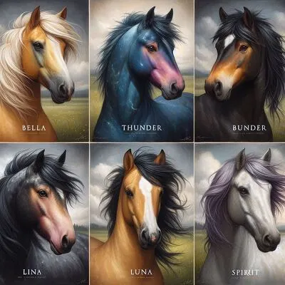 A grid showcasing six horses with different coat colors and names: Bella, Thunder, Bunder, Lina, Luna, and Spirit.