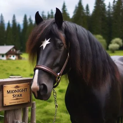 A striking black horse with a white star-shaped marking on its forehead, standing beside a wooden sign that reads 'Midnight Star.'