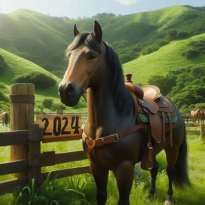 A beautiful horse standing in a corral with a '2024' sign, set against a lush green landscape, symbolizing the most popular horse names of 2024.