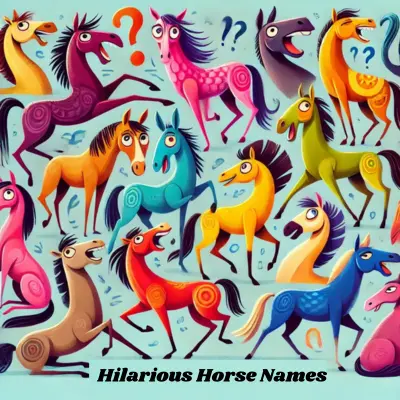 A playful and vibrant illustration of several horses with different personalities, showing their individuality in humorous ways for a guide on hilarious horse names.