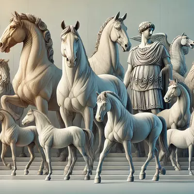 An artistic illustration of famous historical horses like Bucephalus and Pegasus, symbolizing strength, grace, and beauty