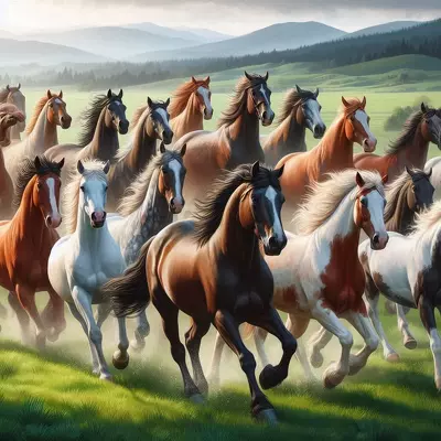 A herd of horses galloping through a green, open field with hills in the background. The horses are of various colors, including brown, white, black, and chestnut, creating a dynamic and lively scene.