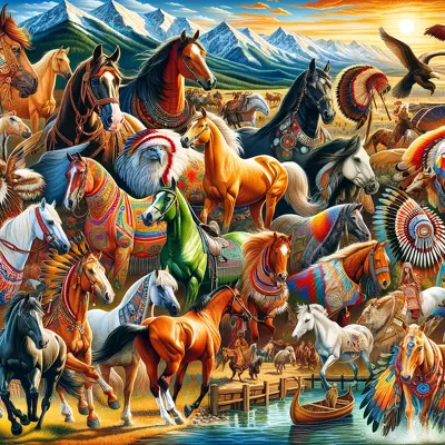 A diverse collection of horses from different cultures, such as Arabian, Native American, Celtic, and Mongolian, showcasing their beauty and symbolic meanings in nature-inspired settings.