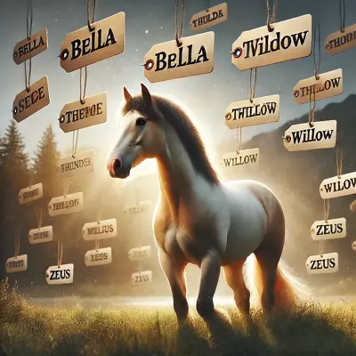 A proud horse in a soft-lit natural landscape, surrounded by name tags displaying potential names like Bella, Thunder, and Zeus, representing the creative process of selecting the perfect horse name.