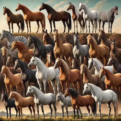 A vibrant collection of diverse horse breeds from various regions around the world, highlighting their distinct colors, sizes, and cultural significance.