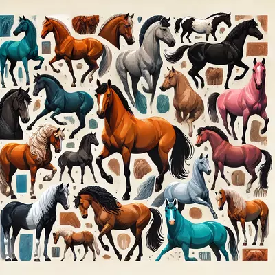 Illustration of various horse breeds with vibrant coats and unique appearances, representing the concept of 'Top 10 Unique Horse Names' for an article.