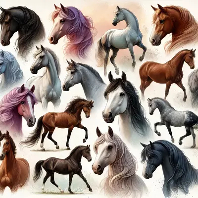 A variety of elegant and graceful female horses of different breeds, colors, and sizes, captured in a natural setting