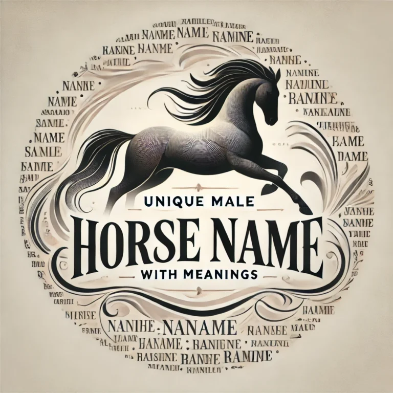 Illustrative image featuring the title "Unique Male Horse Names with Meanings" with a stylized horse silhouette, emphasizing the creativity and elegance in horse naming.