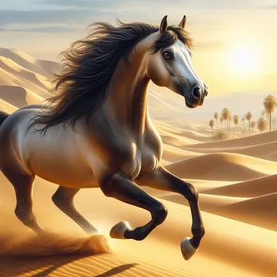 A majestic Arabian horse galloping through the desert.