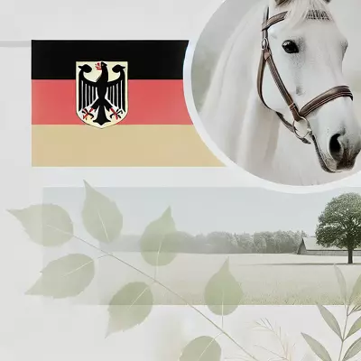 An elegant horse in a peaceful landscape with subtle hints of German heritage, symbolizing strength and grace.